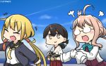  2017 3girls aircraft airplane angry animal animal_on_head black_hair black_skirt blonde_hair blue_jacket brown_eyes bunny_on_head closed_eyes commentary_request crescent crescent_moon_pin dated day double_bun folded_ponytail glasses hair_bun hakama hamu_koutarou highres jacket japanese_clothes kantai_collection kasuga_maru_(kantai_collection) long_hair long_sleeves low_twintails makigumo_(kantai_collection) multiple_girls necktie on_head outdoors pink_hair rabbit red_hakama remodel_(kantai_collection) satsuki_(kantai_collection) school_uniform serafuku shirt short_sleeves skirt sky sleeves_past_wrists twintails upper_body white_shirt yellow_necktie 