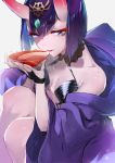  1girl alcohol bare_shoulders blush breasts cup fang fate/grand_order fate_(series) horns japanese_clothes jewelry kimono looking_at_viewer oni oni_horns open_mouth purple_hair ryokucha_(i_cobalt) sakazuki sake shiny shiny_skin shuten_douji_(fate/grand_order) solo violet_eyes wet 