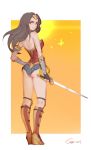  2017 absurdres armor artist_name ass back black_hair bracer dated dc_comics fingerless_gloves from_behind gaoerji gloves greaves highres lasso looking_at_viewer looking_back parted_lips signature skirt smile standing strapless sword tiara weapon wonder_woman wonder_woman_(series) 
