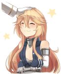  1girl :3 ^_^ admiral_(kantai_collection) alternate_breast_size blonde_hair closed_eyes elbow_gloves eyebrows_visible_through_hair gloves hair_between_eyes ido_(teketeke) iowa_(kantai_collection) kantai_collection long_hair long_sleeves smile solo_focus star starry_background white_background white_gloves younger 