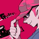  .52_gal_(splatoon) 1boy baseball_cap blue_eyes character_name close-up closed_mouth domino_mask hat hat_tip inkling looking_at_viewer lowres male_focus mask nana_(raiupika) pink_background pointy_ears simple_background smile solo splatoon 