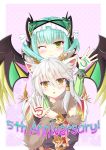  2girls :o animal_ears anniversary arm_around_shoulder arm_on_shoulder arm_over_shoulder astaroth_(p&amp;d) bangs bare_shoulders blunt_bangs blush body_writing border closed_mouth demon_girl demon_horns detached_sleeves english eyebrows_visible_through_hair eyelashes eyes_visible_through_hair feathered_wings fingernails floral_background frills fur-trimmed_sleeves fur_trim gold_trim gradient gradient_background green_eyes green_hair green_nails hair_between_eyes hair_over_shoulder hair_tubes hand_up head_tilt headdress highres horns ilmina_(p&amp;d) long_hair long_sleeves looking_at_viewer multicolored multicolored_wings multiple_girls nail_polish one_eye_closed open_hand open_mouth outside_border pink_background polka_dot polka_dot_background puzzle_&amp;_dragons raised_eyebrows sharp_fingernails sidelocks sleeve_cuffs smile spiked_wings text white_border white_hair wings 
