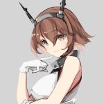 1girl absurdres alternate_eye_color bare_arms bare_shoulders breasts brown_eyes brown_hair gloves grey_background hair_between_eyes headgear highres kantai_collection large_breasts misteor mutsu_(kantai_collection) short_hair simple_background smile solo white_gloves 