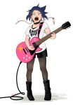  1girl 3584mha black_shorts blue_hair boku_no_hero_academia boots casual choker ear_piercing earplugs electric_guitar full_body guitar highres instrument jirou_kyouka looking_at_viewer open_mouth pantyhose piercing shirt short_sleeves shorts simple_background solo sweat t-shirt teeth twitter_username white_background wire 