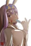  1girl animal_ears bangs blunt_bangs blush breasts dark_skin earrings erect_nipples facial_mark fate/grand_order fate_(series) food hairband hoop_earrings ice_cream jewelry long_hair looking_at_viewer medium_breasts nitocris_(fate/grand_order) ooide_chousuke purple_hair simple_background solo tongue tongue_out violet_eyes white_background 