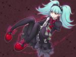  1girl aqua_hair bangs biburi_(precure) black_hairband black_legwear black_shirt black_skirt blunt_bangs bow bowtie bubble_skirt chocokin closed_mouth doll finger_to_chin frilled_hairband full_body gothic_lolita hairband hat juliet_sleeves kirakira_precure_a_la_mode lolita_fashion long_hair long_sleeves looking_at_viewer multicolored multicolored_eyes pantyhose pink_eyes precure puffy_sleeves purple_background red_bow red_bowtie red_hat red_shoes shirt shoes skirt smile solo top_hat twintails yellow_eyes 