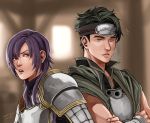  2boys annelie armor artist_name brown_hair closed_eyes crossed_arms dated fire_emblem fire_emblem_echoes:_mou_hitori_no_eiyuuou headband kamui_(fire_emblem_gaiden) leo_(fire_emblem) long_hair male_focus multiple_boys open_mouth purple_hair teeth violet_eyes 