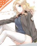  1girl 2017 arm_support artist_request blonde_hair blue_eyes bomber_jacket breasts dated girls_und_panzer jacket kay_(girls_und_panzer) large_breasts long_hair looking_at_viewer one_eye_closed saunders_military_uniform sitting sketch solo thigh-highs twitter_username white_background 