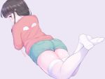  1girl artist_name black_hair blush brown_eyes commentary_request crossed_ankles from_behind green_shorts hair_ornament hairclip legs_crossed legs_up long_hair looking_back lying no_shoes on_stomach original profile shorts signature simple_background soles solo sweater thigh-highs thighs translated ushinomiya white_legwear wings 