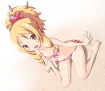 1girl arm_support bikini blonde_hair bow breasts collarbone drill_hair eromanga_sensei full_body gradient gradient_background hair_bow iwasi-r long_hair looking_at_viewer navel pink_eyes pointy_ears ponytail sitting small_breasts solo stomach striped striped_bikini swimsuit yamada_elf 