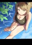  1girl bangs breasts brown_hair brown_swimsuit cleavage closed_mouth collarbone flipped_hair from_above green_eyes headgear kantai_collection large_breasts leaf looking_at_viewer misumi_(niku-kyu) mutsu_(kantai_collection) one-piece_swimsuit partially_submerged shiny shiny_clothes short_hair sitting smile swimsuit water wet 