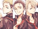  3boys :q black_hair blonde_hair blue_eyes brown_eyes christophe_giacometti column_lineup facial_hair green_eyes hair_over_one_eye heart katsuki_yuuri lowres male_focus multiple_boys naho_(pi988y) necktie one_eye_closed silver_hair smile tongue tongue_out viktor_nikiforov yuri!!!_on_ice 