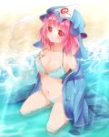  1girl :o alternate_costume armpits beach bikini blue_bikini blush breasts cleavage collarbone commentary_request eyebrows_visible_through_hair fukurahagi_uomaru full_body hat hitodama jacket looking_at_viewer medium_breasts mob_cap navel off_shoulder open_clothes open_jacket partially_submerged pink_hair pulled_by_self red_eyes saigyouji_yuyuko seiza short_hair sitting solo stomach strap_pull sunlight swimsuit touhou triangular_headpiece water wet 