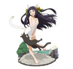  1girl \o/ angry animal_ears arms_up bare_shoulders barefoot bell black_hair bow breasts cat cat_ears cat_tail character_request cleavage collarbone floating_hair full_body green_bow hair_bell hair_bow hair_ornament long_hair medium_breasts naked_towel open_mouth outstretched_arms simple_background slit_pupils solo standing sword_art_online tail towel towel_tug very_long_hair white_background white_towel yellow_eyes 