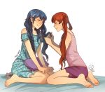  2girls bangs bare_shoulders barefoot bed bed_sheet blue_dress blue_hair blush braid braiding_hair butterfly_hair_ornament camisole dress feet fire_emblem fire_emblem:_kakusei from_side hair_ornament hairdressing hands_on_own_knees long_hair looking_at_another lucina multiple_girls off-shoulder_dress off_shoulder orange_hair pillow red_eyes redhead selena_(fire_emblem) shorts signature sitting sleeveless smile soles ticcy toes twin_braids twintails wariza white_background yuri 