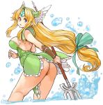  1girl ass blonde_hair blue_eyes breasts dress forehead_jewel green_dress green_ribbon hair_ribbon helmet highres holding holding_weapon large_breasts long_hair low-tied_long_hair panties polearm ribbon riesz sachito seiken_densetsu seiken_densetsu_3 short_dress simple_background solo splashing standing strapless strapless_dress underwear very_long_hair wading water weapon white_background winged_helmet 