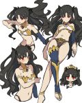  bare_shoulders black_hair breasts chibi crown earrings fate/grand_order fate_(series) hair_ribbon highres hoop_earrings ishtar_(fate/grand_order) jewelry long_hair medium_breasts multiple_persona navel red_eyes ribbon simple_background single_thighhigh solo teshima_nari thigh-highs tohsaka_rin white_background 