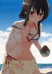  1girl angry beach bikini black_hair blush breasts cleavage food frilled_bikini frills hair_between_eyes highres holding holding_food holding_spoon kantai_collection looking_at_viewer masukuza_j medium_breasts navel ocean red_eyes shaved_ice short_hair sidelocks solo spoon standing swimsuit yamashiro_(kantai_collection) 