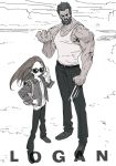  1boy 1girl backpack bag beard black_hair claws commentary copyright_name facial_hair father_and_daughter hekoko jacket laura_kinney logan_(movie) long_hair long_sleeves looking_at_viewer monochrome muscle pants simple_background sunglasses wolverine x-men 