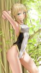  1girl ahoge arms_behind_head arms_up artoria_pendragon_(swimsuit_archer)_(fate) blonde_hair braid breasts competition_swimsuit covered_navel cowboy_shot fate/grand_order fate/stay_night fate_(series) green_eyes highres kilye_4421 looking_at_viewer one-piece_swimsuit saber small_breasts solo standing swimsuit tree 