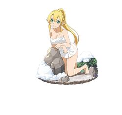  1girl barefoot blonde_hair breasts cleavage collarbone full_body green_eyes hair_between_eyes high_ponytail kneeling large_breasts leafa leaning_forward long_hair looking_at_viewer naked_towel pointy_ears simple_background smile snow solo sword_art_online towel very_long_hair water wet white_background white_towel 