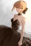  1girl bare_shoulders blonde_hair breasts choker cleavage dress fate/grand_order fate_(series) grey_background highres hojiro_(piko519) medium_breasts saber saber_alter sketch strapless strapless_dress yellow_eyes 