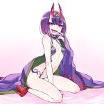  1girl :d blush chan_co fangs fate/grand_order fate_(series) flat_chest hair_ornament horns japanese_clothes kimono long_hair oni oni_horns open_mouth purple_hair revealing_clothes seiza short_hair shuten_douji_(fate/grand_order) sitting smile solo tongue tongue_out violet_eyes 