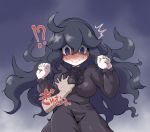  !? /\/\/\ 1girl ahoge al_bhed_eyes black_hair blue_eyes blush breast_grab breasts cardigan clenched_hands disembodied_limb dress embarrassed full-face_blush grabbing hairband hex_maniac_(pokemon) impossible_clothes large_breasts long_hair looking_down messy_hair npc_trainer pokemon pokemon_(game) pokemon_xy solo_focus surprised sweatdrop takura_mahiro very_long_hair wavy_mouth 