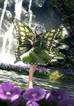  1girl antennae barefoot blue_hair brown_eyes butterfly butterfly_wings commentary_request day dress eternity_larva flower full_body green_dress hair_between_eyes hair_ornament highres leaf leaf_hair_ornament leaf_on_head looking_at_viewer outdoors ryosios short_dress short_hair solo touhou water waterfall wings 