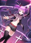  aisha_(elsword) black_legwear black_shirt breasts chains cross dutch_angle elsword long_hair long_sleeves mechuragi medium_breasts navel necktie open_clothes open_mouth open_shirt purple_hair shirt short_shorts shorts smile thigh-highs thighs twintails under_boob very_long_hair violet_eyes void_princess_(elsword) 