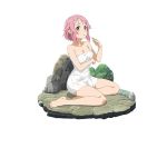  1girl barefoot breasts cleavage collarbone full_body hair_ornament hairclip lisbeth_(sao-alo) looking_at_viewer medium_breasts naked_towel parted_lips pink_eyes pink_hair pointy_ears short_hair simple_background sitting solo sword_art_online towel wet white_background white_towel 