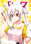  1girl absurdres apron eyebrows_visible_through_hair food highres ladle lid long_hair looking_away matoi_(pso2) open_mouth phantasy_star phantasy_star_online_2 pink_apron red_eyes sakura_chiyo_(konachi000) solo soup soup_ladle twintails white_hair 