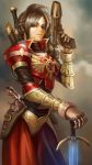  1girl aquila_(symbol) armor armored_dress brown_eyes brown_hair dantewontdie gauntlets gun handgun high_collar highres holster looking_at_viewer pistol plasma_pistol power_sword red_skirt scabbard sheath sheathed side_ponytail skirt solo sword thigh_holster warhammer_40k weapon weapon_on_back 