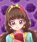  1girl :t amanogawa_kirara anger_vein annoyed bow brown_hair cellphone chocokin close-up earrings go!_princess_precure iphone jewelry long_hair nail_polish phone precure purple_background smartphone solo star star_earrings twintails violet_eyes yellow_bow yellow_hairband yellow_nails 