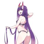  1girl alternate_hair_length alternate_hairstyle blush breasts chan_co fangs fate/grand_order fate_(series) horns long_hair looking_at_viewer oni oni_horns open_mouth purple_hair shiny shiny_skin shuten_douji_(fate/grand_order) simple_background small_breasts solo very_long_hair violet_eyes white_background 