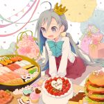  1girl ahoge birthday birthday_cake blue_bow blue_bowtie blue_hair bouquet bow bowtie cake colis commentary_request confetti crown cupcake cutting_board dress drooling flower food fruit gift grey_eyes grey_hair grey_legwear hair_between_eyes hamburger happy_birthday heart kantai_collection kiyoshimo_(kantai_collection) long_hair long_sleeves looking_down low_twintails macaron mini_crown multicolored_hair no_shoes open_mouth pantyhose shirt simple_background sitting sleeveless sleeveless_dress solo strawberry streamers string_of_flags sushi twintails twitter_username v_arms very_long_hair wariza white_background white_shirt 