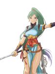  1girl fire_emblem fire_emblem:_rekka_no_ken green_eyes green_hair highres holding holding_sword holding_weapon kyou_(ningiou) looking_at_viewer lyndis_(fire_emblem) ponytail simple_background smile sword weapon white_background 