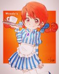  1girl apron blue_bow bow brown_eyes coffee_mug copyright_name dress freckles hair_bow juliet_sleeves long_hair long_sleeves low_twintails puffy_sleeves redhead signature smile solo standing standing_on_one_leg striped striped_dress takeuchi_kou thigh-highs tray twintails vertical_stripes waist_apron wendy&#039;s wendy_(wendy&#039;s) white_legwear 