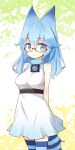  1girl absurdres animal_ears arms_behind_back arms_up bangs bare_arms bare_shoulders blue_eyes blue_hair blue_legwear blush breasts closed_mouth colored_striped cowboy_shot dress eyebrows_visible_through_hair glasses highres humanization kemono_friends long_hair looking_at_viewer lucky_beast_(kemono_friends) medium_breasts renren_(ah_renren) semi-rimless_glasses shiny shiny_hair sleeveless sleeveless_dress smile standing striped striped_legwear tail tareme thigh-highs two-tone_background under-rim_glasses underbust white_dress zettai_ryouiki 