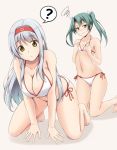  2girls ? all_fours bangs barefoot bikini blush breast_squeeze breasts brown_eyes cleavage closed_mouth collarbone covering covering_breasts eyebrows_visible_through_hair frown full_body fuuma_nagi gluteal_fold grey_hair hairband kantai_collection kneeling large_breasts long_hair looking_at_viewer multiple_girls navel panties red_hairband shoukaku_(kantai_collection) side-tie_bikini side-tie_panties simple_background small_breasts spoken_question_mark squiggle swimsuit twintails underwear white_background white_bikini white_hair yellow_eyes zuikaku_(kantai_collection) 