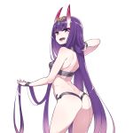  1girl alternate_hair_length alternate_hairstyle blush breasts chan_co fangs fate/grand_order fate_(series) horns long_hair looking_at_viewer oni oni_horns open_mouth purple_hair shiny shiny_skin short_hair shuten_douji_(fate/grand_order) simple_background small_breasts solo very_long_hair violet_eyes white_background 