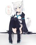  1girl animal_ears black_legwear black_skirt blue_eyes blush choker hair_between_eyes hair_ornament hairclip long_sleeves looking_at_viewer necktie original shio_(shia-ushio) shirt short_hair sidelocks sitting skirt smile solo tail translation_request white_hair white_shirt 