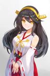  1girl bare_shoulders black_hair breasts commentary_request detached_sleeves gradient gradient_background hair_ornament hairband hairclip hands_together haruna_(kantai_collection) highres kantai_collection large_breasts long_hair nontraditional_miko ribbon-trimmed_sleeves ribbon_trim smile solo wide_sleeves wse yellow_eyes 