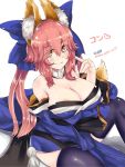  1girl animal_ears b.d bell bell_collar blue_legwear blush breast_hold breasts cleavage collar dated detached_sleeves fate/extra fate/extra_ccc fate/grand_order fate_(series) fox_ears fox_shadow_puppet fox_tail graphite_(medium) hair_over_one_eye hair_ribbon highres japanese_clothes large_breasts looking_at_viewer mechanical_pencil pencil pink_hair ribbon simple_background smile solo tail tamamo_(fate)_(all) tamamo_no_mae_(fate) traditional_media white_background yellow_eyes 