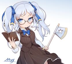  1girl axe blue_bow blue_bowtie blue_eyes blue_hair book bow bowtie brown_dress closed_mouth dress glasses hair_ribbon holding holding_axe holding_book looking_at_viewer mtyy name_tag pleated_skirt ribbon shirt simple_background skirt solo star striped striped_dress twintails waistcoat washington_(zhan_jian_shao_nyu) weapon zhan_jian_shao_nyu 