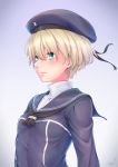  1girl bangs blonde_hair blue_background blue_eyes breasts buttons dress gradient gradient_background hat highres kantai_collection kurofude_anastasia light_smile lips long_sleeves looking_afar sailor_collar sailor_dress sailor_hat short_hair small_breasts solo two-tone_background upper_body white_background z1_leberecht_maass_(kantai_collection) 