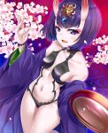  1girl alcohol blush breasts cherry_blossoms cup fate/grand_order fate_(series) flower hinata_sora horns japanese_clothes jewelry kimono looking_at_viewer medium_breasts navel oni oni_horns open_mouth purple_hair sakazuki sake shiny shiny_skin short_hair shuten_douji_(fate/grand_order) sideboob smile solo violet_eyes 