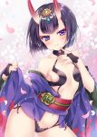  1girl bangs bare_shoulders black_hair blunt_bangs blush bob_cut breasts cherry_blossoms commentary_request contrapposto cowboy_shot eyebrows_visible_through_hair eyelashes fate/grand_order fate_(series) finger_to_mouth fingerless_gloves fingernails floral_background flower gem gloves gluteal_fold hair_ornament hikimayu horns japanese_clothes kimono long_sleeves looking_at_viewer mitsuba_choco navel obi off_shoulder oni oni_horns petals revealing_clothes sash short_hair shuten_douji_(fate/grand_order) small_breasts smile solo thick_eyebrows violet_eyes wide_sleeves 