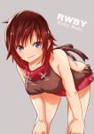  1girl grey_eyes hands_on_own_knees leaning_forward looking_at_viewer meme_attire redhead ruby_rose rwby skirt smile solo virgin_killer_sweater 