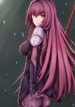  1girl ass bodysuit breasts fate/grand_order fate_(series) gae_bolg holding holding_weapon long_hair looking_at_viewer looking_back medium_breasts ohguro_mariya pauldrons polearm purple_bodysuit purple_hair red_eyes scathach_(fate/grand_order) smile solo spear standing weapon 